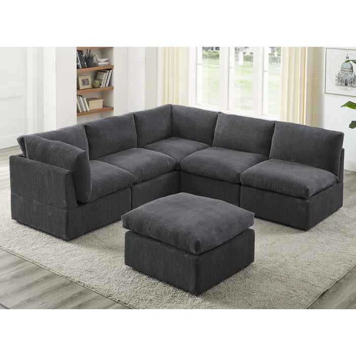 U-Shape Sectional Sofa: 6 - Piece Corduroy Sectional blends modern style with plush comfort(Dark Gray Corduroy)