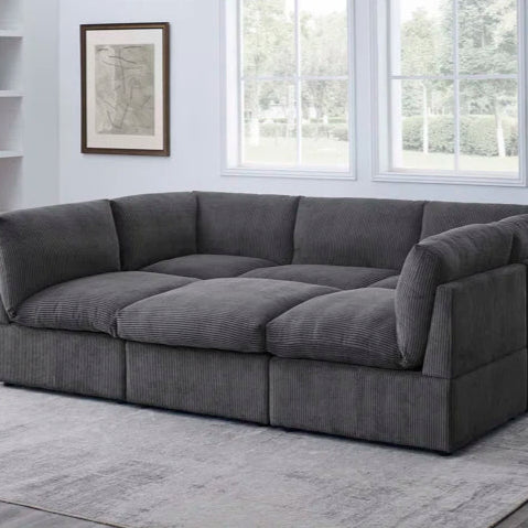 U-Shape Sectional Sofa: 6 - Piece Corduroy Sectional blends modern style with plush comfort(Dark Gray Corduroy)