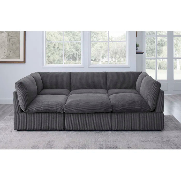 U-Shape Sectional Sofa: 6 - Piece Corduroy Sectional blends modern style with plush comfort(Dark Gray Corduroy)