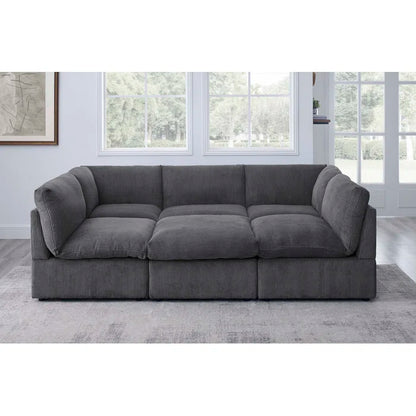 U-Shape Sectional Sofa: 6 - Piece Corduroy Sectional blends modern style with plush comfort(Dark Gray Corduroy)