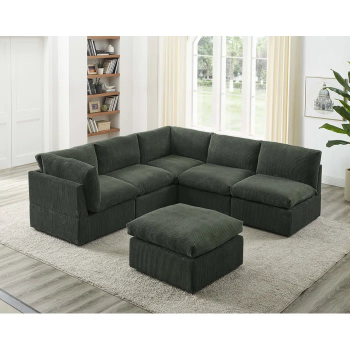U-Shape Sectional Sofa: 6 - Piece Corduroy Sectional blends modern style with plush comfort(Green Corduroy)