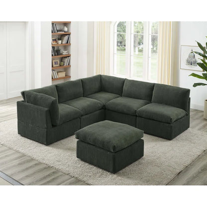 U-Shape Sectional Sofa: 6 - Piece Corduroy Sectional blends modern style with plush comfort(Green Corduroy)