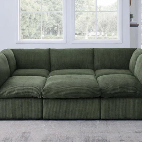U-Shape Sectional Sofa: 6 - Piece Corduroy Sectional blends modern style with plush comfort(Green Corduroy)