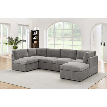 U-Shape Sectional Sofa: 6 - Piece Corduroy Sectional blends modern style with plush comfort(Light Gray Corduroy)
