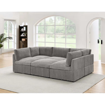 U-Shape Sectional Sofa: 6 - Piece Corduroy Sectional blends modern style with plush comfort(Light Gray Corduroy)