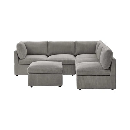 U-Shape Sectional Sofa: 6 - Piece Corduroy Sectional blends modern style with plush comfort(Light Gray Corduroy)