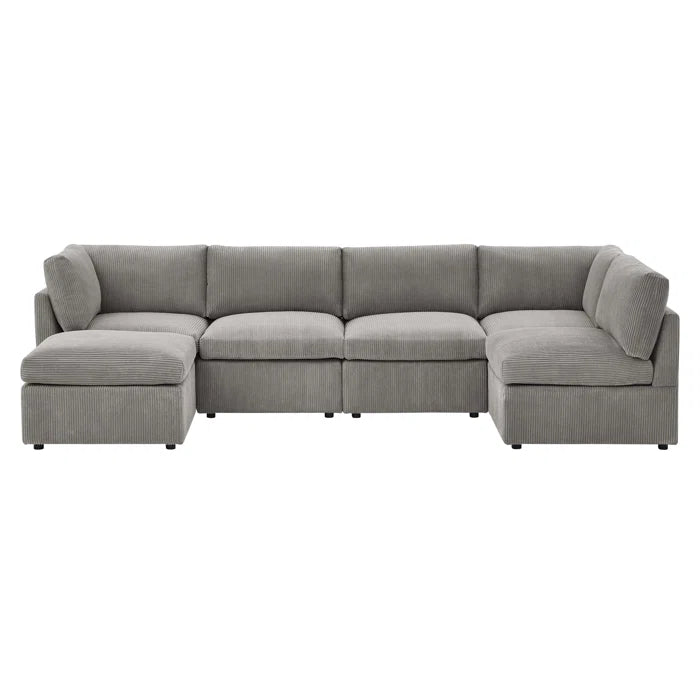 U-Shape Sectional Sofa: 6 - Piece Corduroy Sectional blends modern style with plush comfort(Light Gray Corduroy)