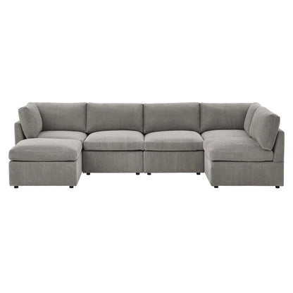 U-Shape Sectional Sofa: 6 - Piece Corduroy Sectional blends modern style with plush comfort(Light Gray Corduroy)