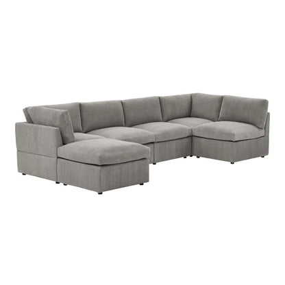 U-Shape Sectional Sofa: 6 - Piece Corduroy Sectional blends modern style with plush comfort(Light Gray Corduroy)