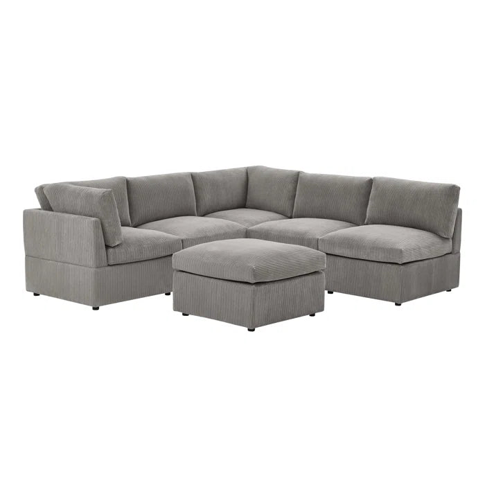 U-Shape Sectional Sofa: 6 - Piece Corduroy Sectional blends modern style with plush comfort(Light Gray Corduroy)