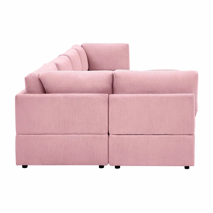 U-Shape Sofa: 6 - Piece Corduroy Sectional blends modern style with plush comfort(Pink Corduroy)