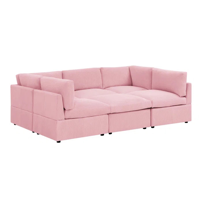 U-Shape Sofa: 6 - Piece Corduroy Sectional blends modern style with plush comfort(Pink Corduroy)