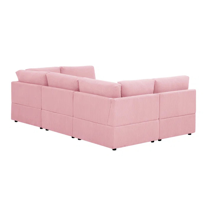 U-Shape Sofa: 6 - Piece Corduroy Sectional blends modern style with plush comfort(Pink Corduroy)