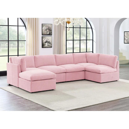 U-Shape Sofa: 6 - Piece Corduroy Sectional blends modern style with plush comfort(Pink Corduroy)