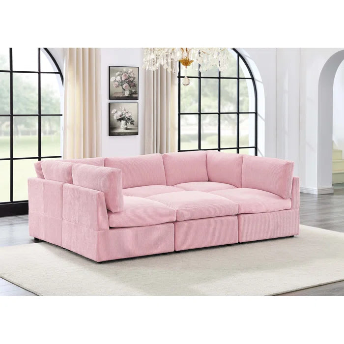 U-Shape Sofa: 6 - Piece Corduroy Sectional blends modern style with plush comfort(Pink Corduroy)