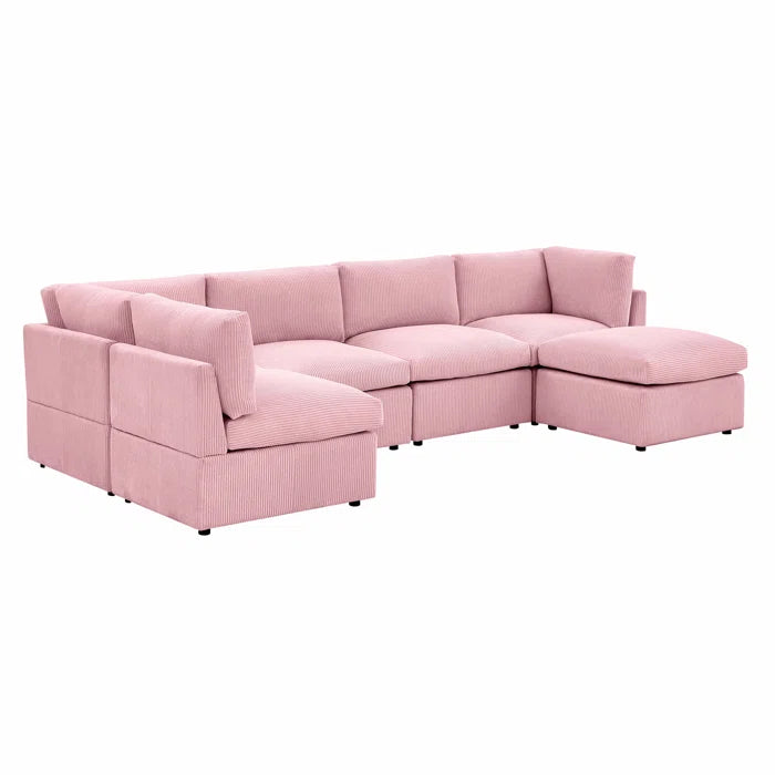 U-Shape Sofa: 6 - Piece Corduroy Sectional blends modern style with plush comfort(Pink Corduroy)