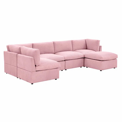 U-Shape Sofa: 6 - Piece Corduroy Sectional blends modern style with plush comfort(Pink Corduroy)