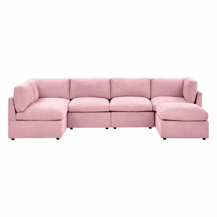 U-Shape Sofa: 6 - Piece Corduroy Sectional blends modern style with plush comfort(Pink Corduroy)