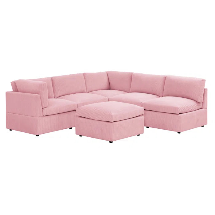 U-Shape Sofa: 6 - Piece Corduroy Sectional blends modern style with plush comfort(Pink Corduroy)