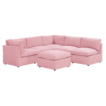 U-Shape Sofa: 6 - Piece Corduroy Sectional blends modern style with plush comfort(Pink Corduroy)