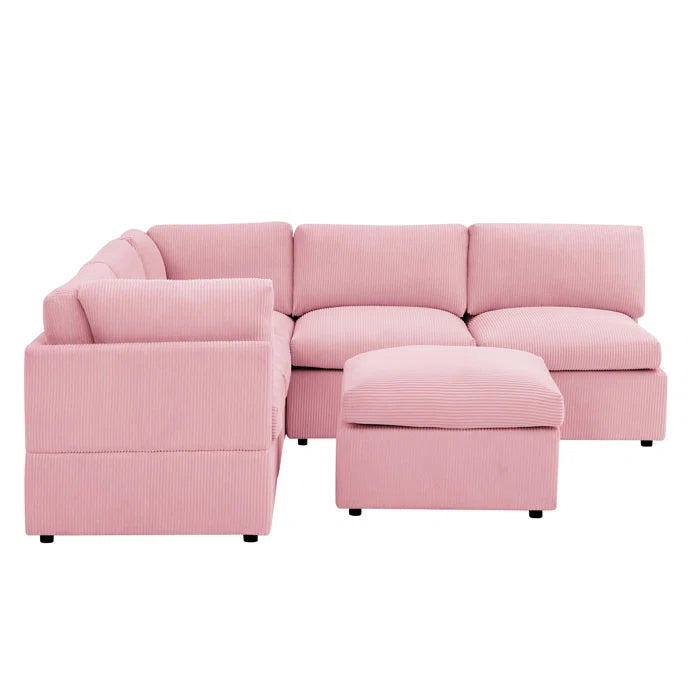 U-Shape Sofa: 6 - Piece Corduroy Sectional blends modern style with plush comfort(Pink Corduroy)