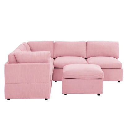 U-Shape Sofa: 6 - Piece Corduroy Sectional blends modern style with plush comfort(Pink Corduroy)