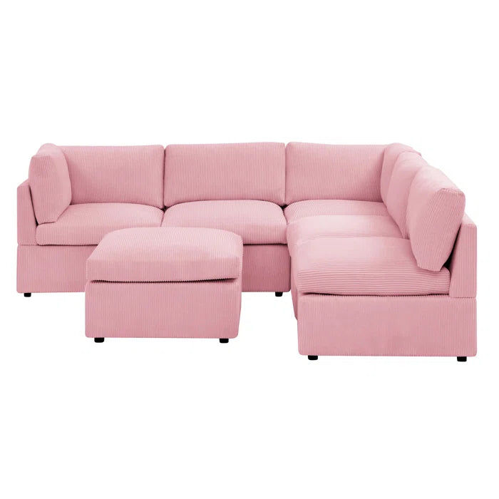 U-Shape Sofa: 6 - Piece Corduroy Sectional blends modern style with plush comfort(Pink Corduroy)