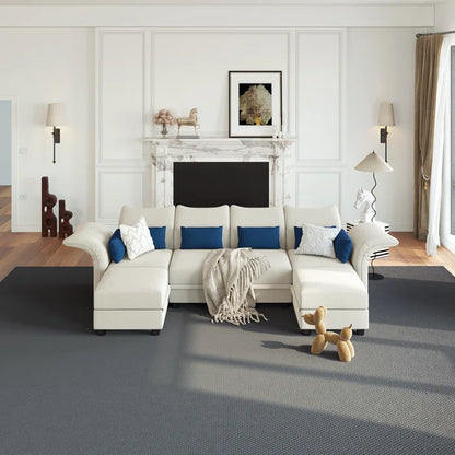 U-Shape Sectional Sofa: 102'' 6 - Piece Upholstered Sectional With Storage(Beige Velvet)