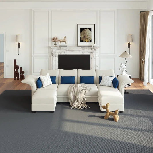 U-Shape Sectional Sofa: 102'' 6 - Piece Upholstered Sectional With Storage(Beige Velvet)