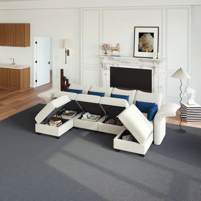 U-Shape Sectional Sofa: 102'' 6 - Piece Upholstered Sectional With Storage(Beige Velvet)