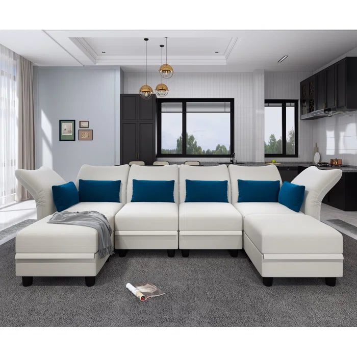 U-Shape Sectional Sofa: 102'' 6 - Piece Upholstered Sectional With Storage(Beige Velvet)