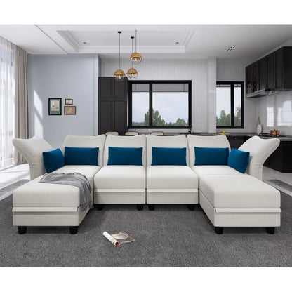 U-Shape Sectional Sofa: 102'' 6 - Piece Upholstered Sectional With Storage(Beige Velvet)