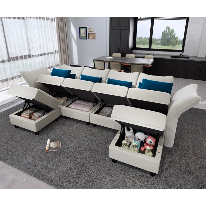 U-Shape Sectional Sofa: 102'' 6 - Piece Upholstered Sectional With Storage(Beige Velvet)