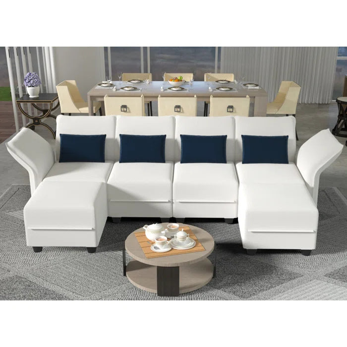 U-Shape Sectional Sofa: 102'' 6 - Piece Upholstered Sectional With Storage(Beige Velvet)