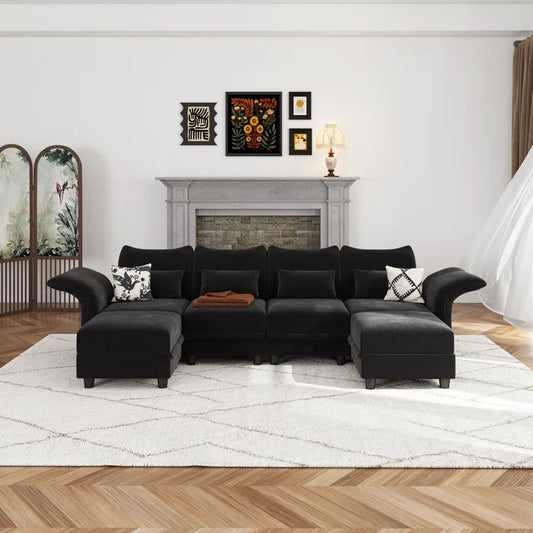 U-Shape Sectional Sofa: 102'' 6 - Piece Upholstered Sectional With Storage(Black Chenille)