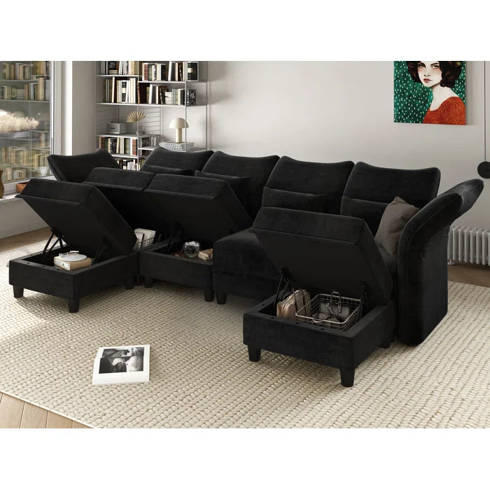 U-Shape Sectional Sofa: 102'' 6 - Piece Upholstered Sectional With Storage(Black Chenille)