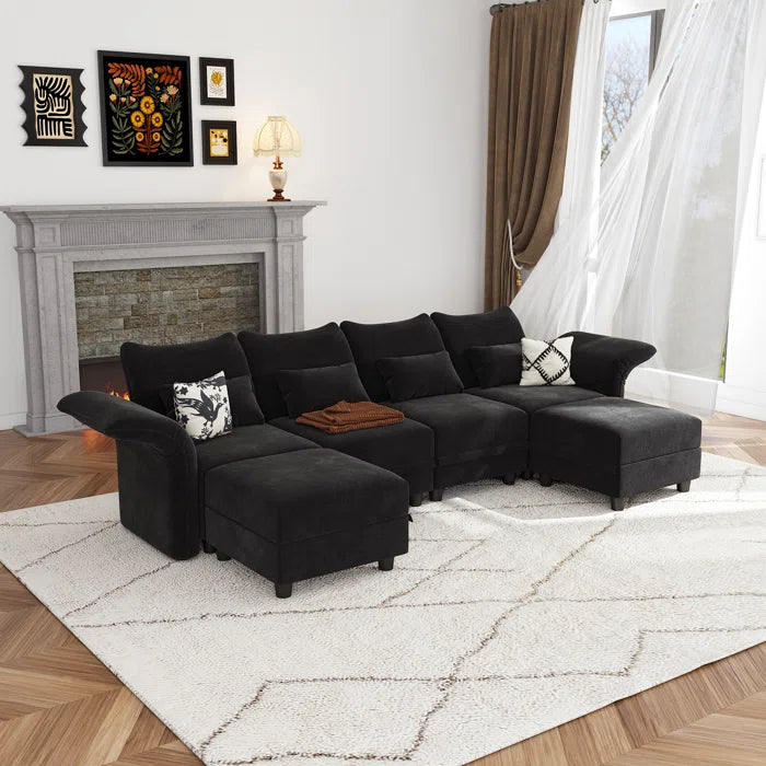U-Shape Sectional Sofa: 102'' 6 - Piece Upholstered Sectional With Storage(Black Chenille)
