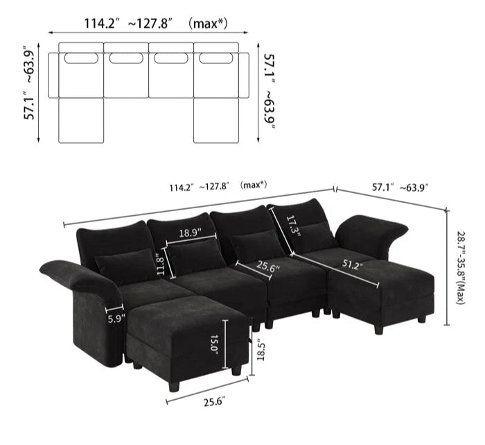 U-Shape Sectional Sofa: 102'' 6 - Piece Upholstered Sectional With Storage(Black Chenille)
