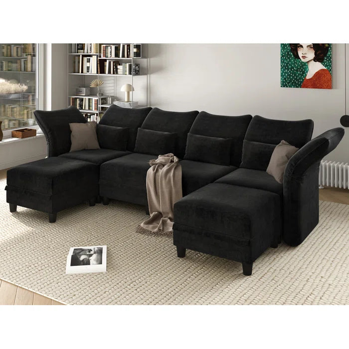 U-Shape Sectional Sofa: 102'' 6 - Piece Upholstered Sectional With Storage(Black Chenille)