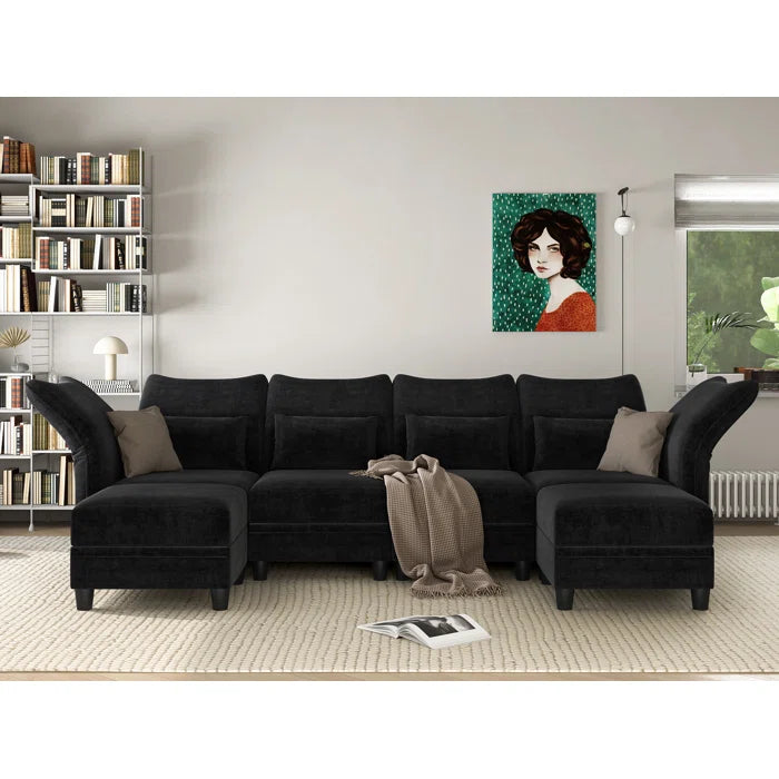 U-Shape Sectional Sofa: 102'' 6 - Piece Upholstered Sectional With Storage(Black Chenille)