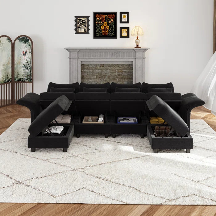 U-Shape Sectional Sofa: 102'' 6 - Piece Upholstered Sectional With Storage(Black Chenille)