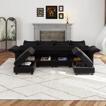 U-Shape Sectional Sofa: 102'' 6 - Piece Upholstered Sectional With Storage(Black Chenille)