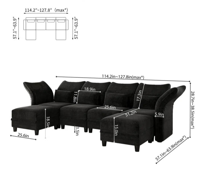 U-Shape Sectional Sofa: 102'' 6 - Piece Upholstered Sectional With Storage(Black Chenille)