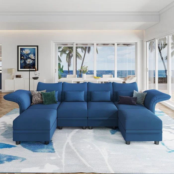 U-Shape Sectional Sofa: 102'' 6 - Piece Upholstered Sectional With Storage(Blue Velvet)