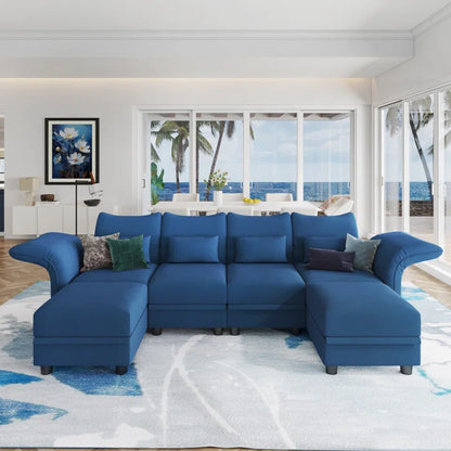 U-Shape Sectional Sofa: 102'' 6 - Piece Upholstered Sectional With Storage(Blue Velvet)