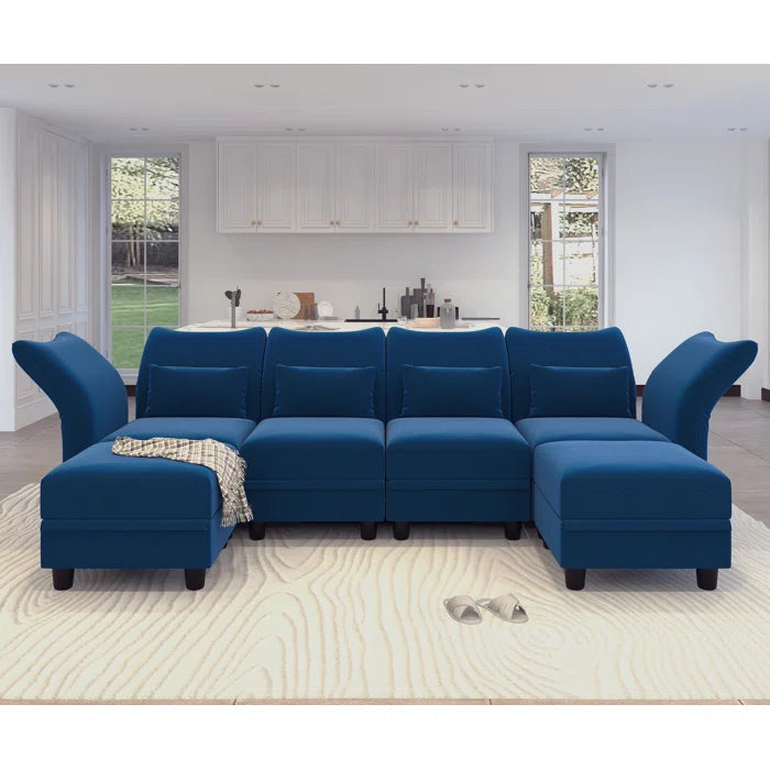 U-Shape Sectional Sofa: 102'' 6 - Piece Upholstered Sectional With Storage(Blue Velvet)