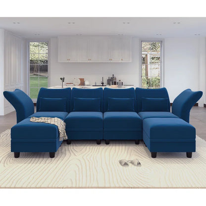 U-Shape Sectional Sofa: 102'' 6 - Piece Upholstered Sectional With Storage(Blue Velvet)