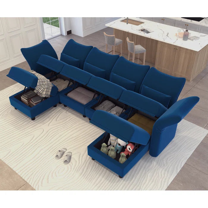 U-Shape Sectional Sofa: 102'' 6 - Piece Upholstered Sectional With Storage(Blue Velvet)