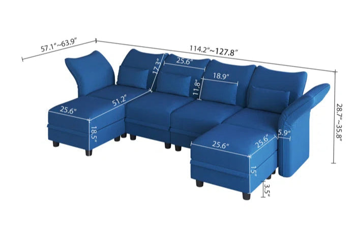 U-Shape Sectional Sofa: 102'' 6 - Piece Upholstered Sectional With Storage(Blue Velvet)