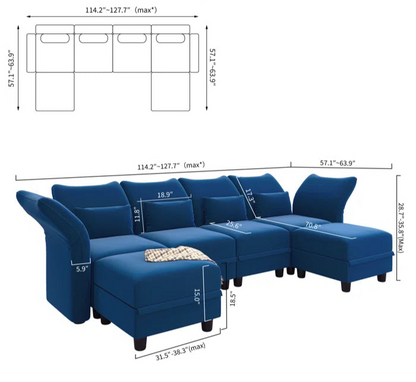 U-Shape Sectional Sofa: 102'' 6 - Piece Upholstered Sectional With Storage(Blue Velvet)